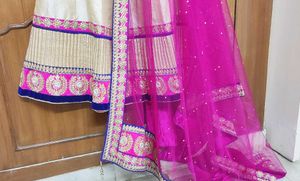 Embroidered Blue Magenta Silk lehnga
