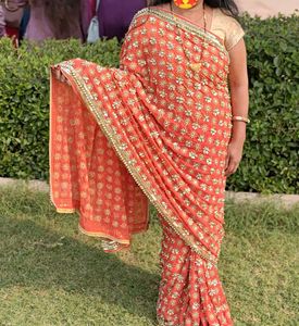 Embroidered Orange Saree