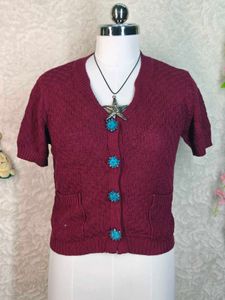 Zara Burgundy Knit Cardigan with Blue Buttons