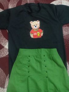 Cute Bear Graphic T-Shirt & Green Skirt