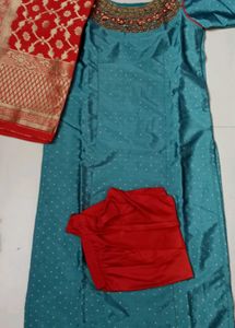 Beautiful Teal Kurta Set with Red Dupatta