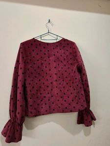 Maroon Polka Dot Button-Up Top