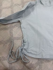 Light Blue Mock Neck Tie Detail Top