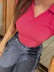 Hot Pink Ribbed Cropped Polo Shirt