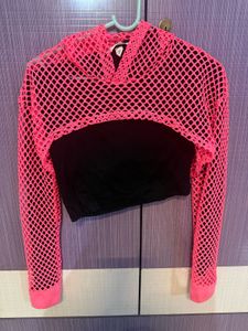 Pink Fishnet Cropped Hoodie.