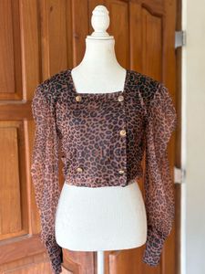Leopard Print Sheer Button-Up Crop Top