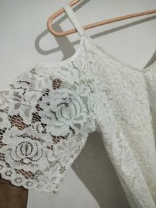 White Lace Cold Shoulder Top with Floral Embroider