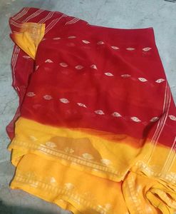 Beautiful Red & Yellow Printed Saree | Fall & Pico