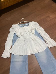 Chic White Ruffle Square Neck Top