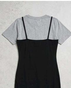 Chic Black Slip Dress with Grey Tee Layer