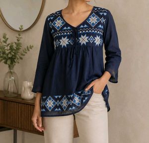 Embroidered Blue Cotton Kurta Top