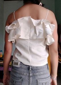 White Ruffle Off Shoulder Top | Poly Crepe | Party