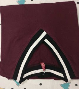 Maroon V-Neck Striped Trim Top