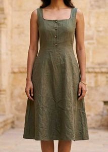 Olive Green Square Neck Button-Up Dress