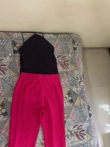 Chic Black Halter Top &amp; Hot Pink Pants Set