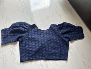 Navy Blue Embroidered Puff Sleeve Blouse