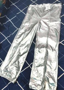 Silver Metallic Wide-Leg Pants