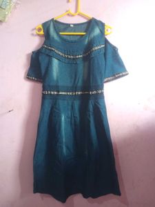 Denim Cold Shoulder Fit &amp; Flare Dress