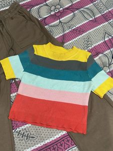 Brown Cargo Pants &amp; Rainbow Knit Top Set
