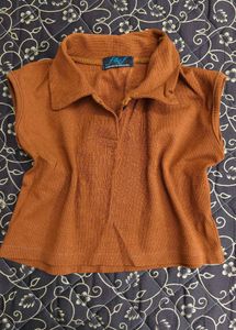 Rust Ribbed Collared Crop Top