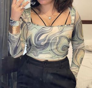 Marble Print Long Sleeve Mesh Top