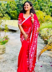 Beautiful Red  embroidery  Saree with White Prints