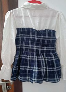 White &amp; Navy Checked Smocked Peplum Top
