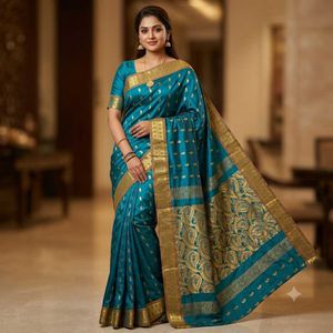 💫 Royal Peacock 🦚 Blue Synthetic Silk Saree 💫