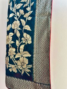 Teal Blue Bordered Saree with Gold Embroidery