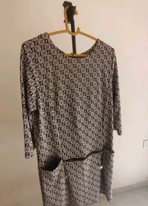 Chic Monogram Print Dress with Zipper Pockets