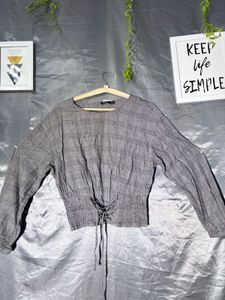 Barshika Gray Plaid Lace-Up Crop Top