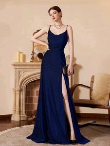 Urbanic Blue Shimmer Party Gown With Front Slit