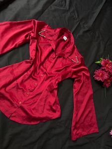 Chic Red Satin Bell Sleeve Top