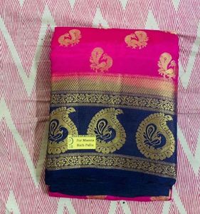 Elegant Pink and Navy Saree with Peacock Motif