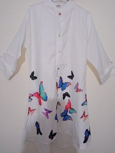 White Color Butterfly Print Long Shirt