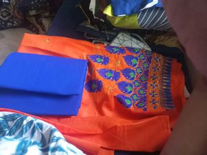 new Orange & Blue Embroidered Dress Material