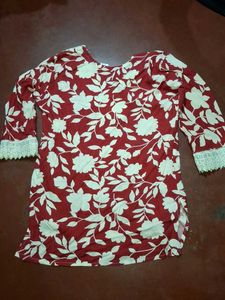 Red Floral short Kurta with Lace Neckline