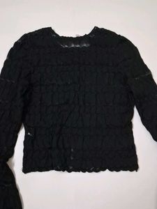 Black Textured Button-Up Top