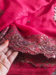 rich Red Embellished Saree with sequence work