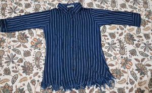 Striped Blue Blouse with Frayed Hem