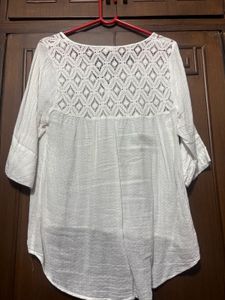 White Crochet Neckline Tunic Top