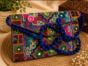 🌸 Phoolwari Indigo Clutch with  Mirror Work