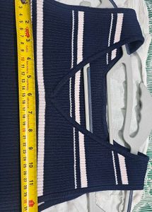 Navy blue and white striped sleeveless dress