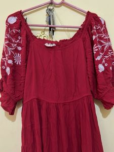 Boho Red Embroidered Off-Shoulder Dress
