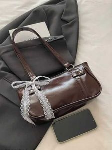 Brown shoulder bag with lace bow🎀👜
