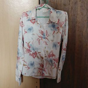 White Embroidered Floral Print Button-Up Shirt
