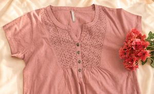 Women's Pink Embroidered Short Sleeve Top