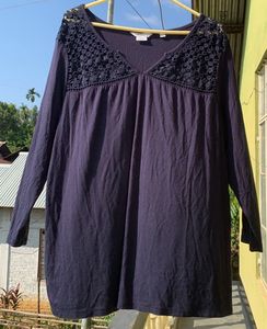 Navy Blue Lace Trim V-Neck Top