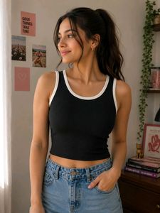 Black Ribbed Tank Top with White Trim