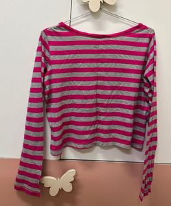 Pink &amp; Grey Striped Long Sleeve Top